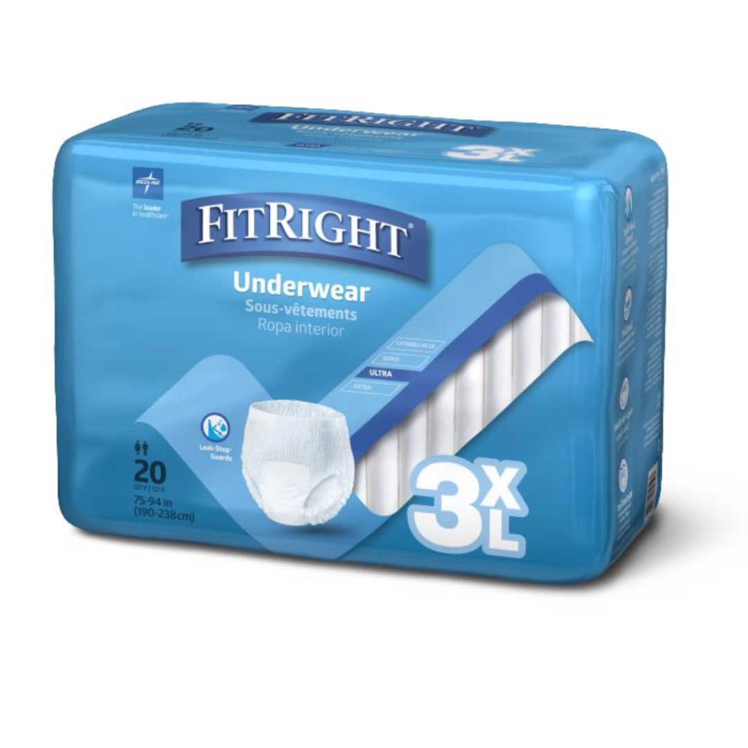 The FitRight Unisex Protective 3XL Underwear in blue, designed for 75-94 inch waists, features Leak Stop Protection and heavy absorbency for effective incontinence management. Each of the 20 pieces ensures comfort and reliability.